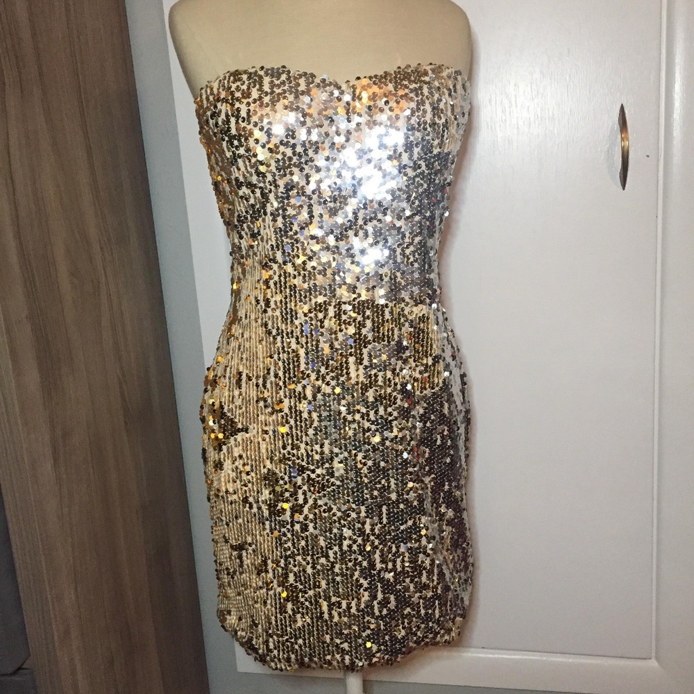 NYE Gold Sequin Shimmer Strapless Dress